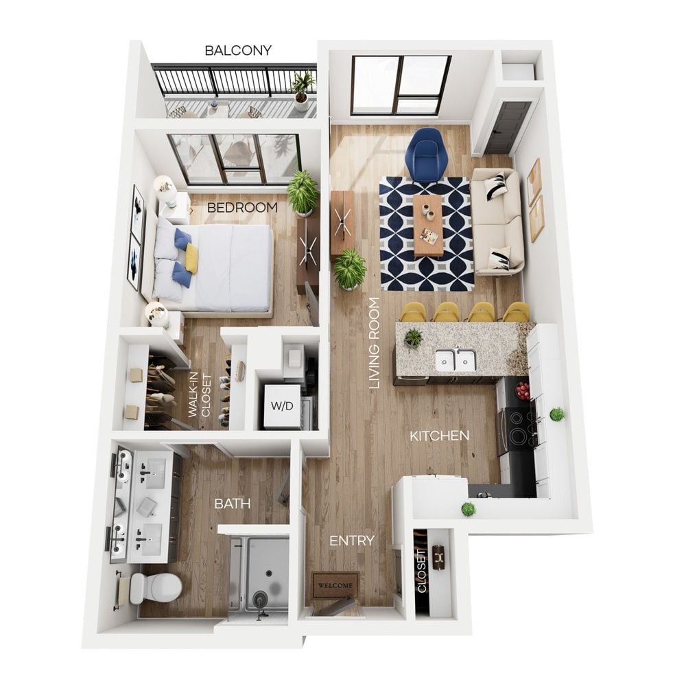 Rendering of the A5 floor plan with 1 bedroom[s] and 1 bathroom[s] at The Larking