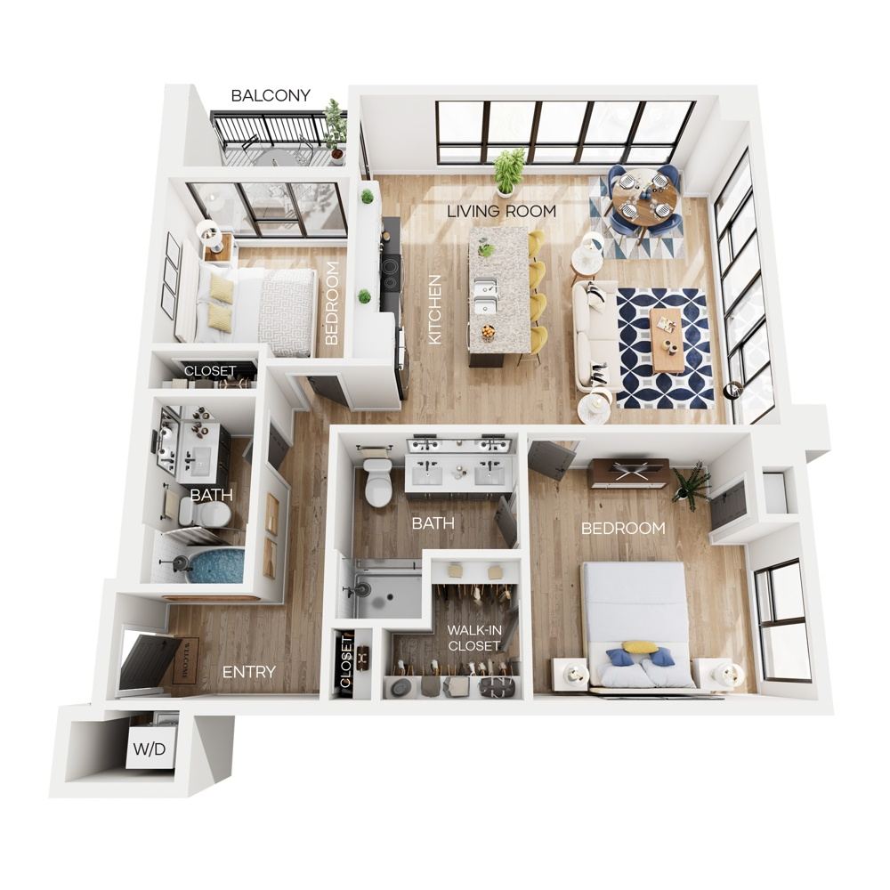 Rendering of the C7 floor plan with 2 bedroom[s] and 2 bathroom[s] at The Larking