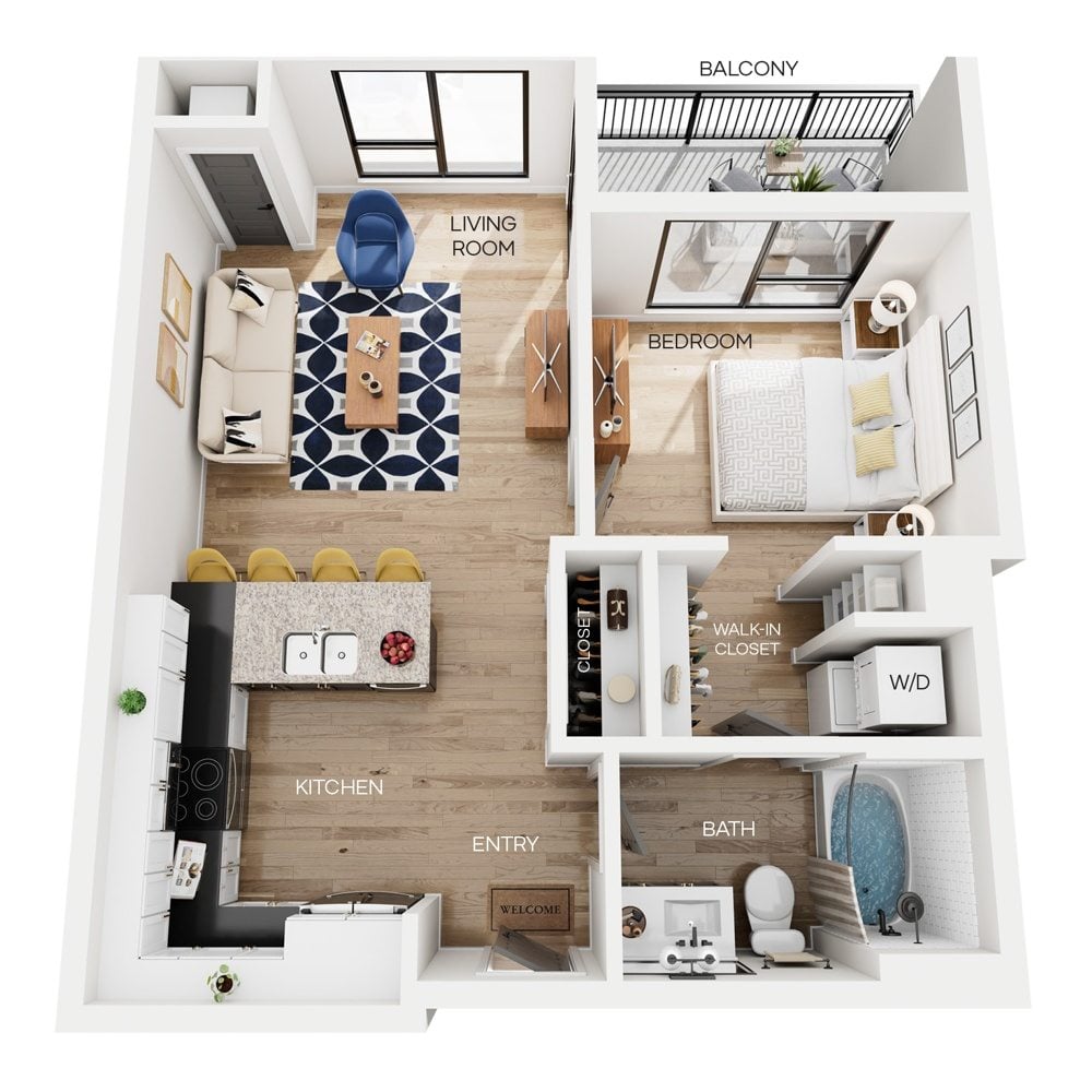 Rendering of the A3 floor plan with 1 bedroom[s] and 1 bathroom[s] at The Larking