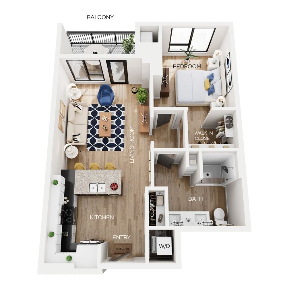 Rendering of the A7 floor plan with 1 bedroom[s] and 1 bathroom[s] at The Larking