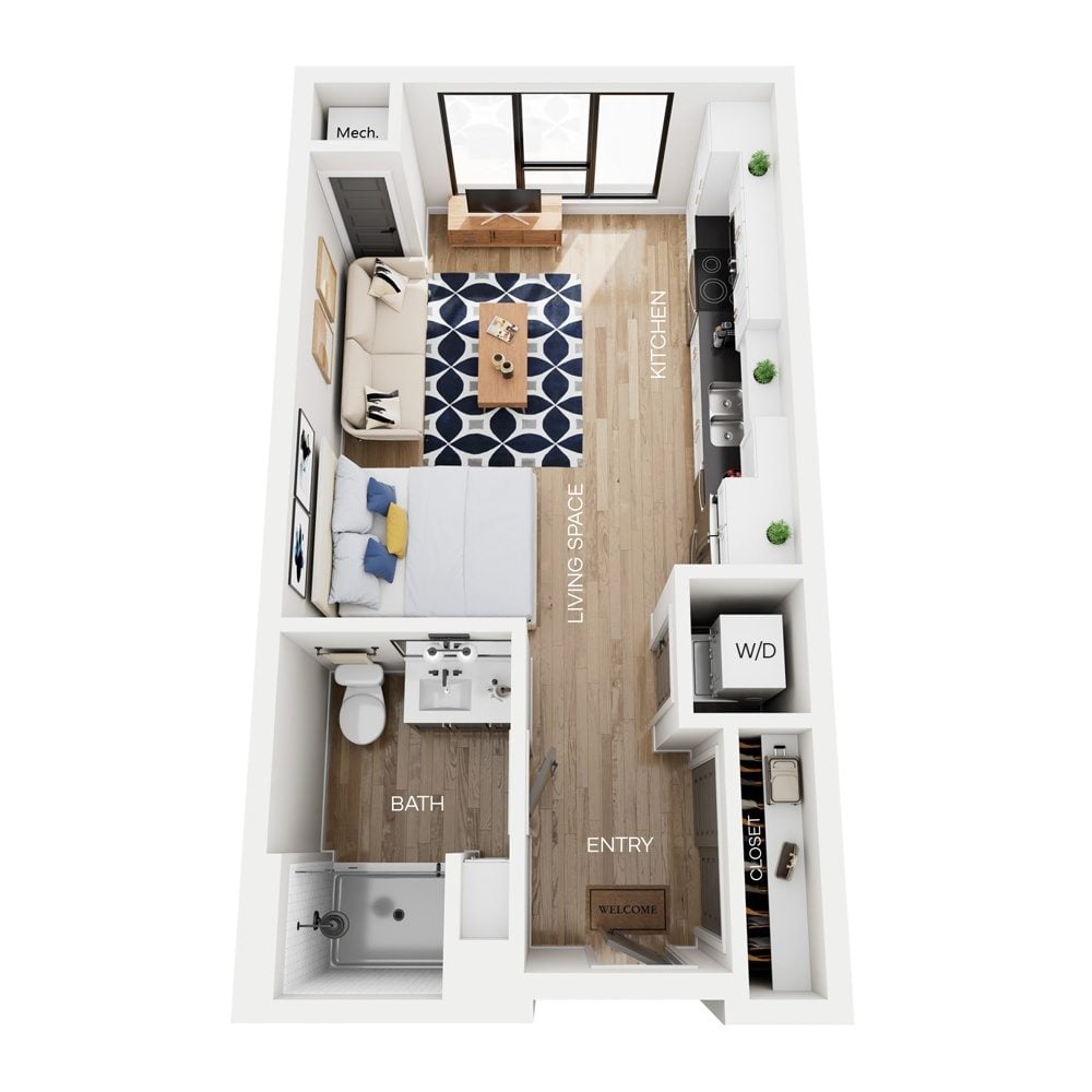 Rendering of the S2 floor plan with a Studio bedroom and 1 bathroom[s] at The Larking