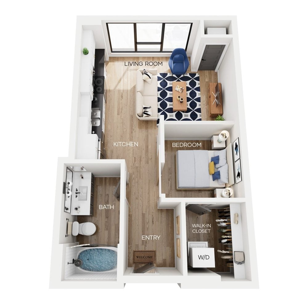 Rendering of the V4 floor plan with a Studio bedroom and 1 bathroom[s] at The Larking