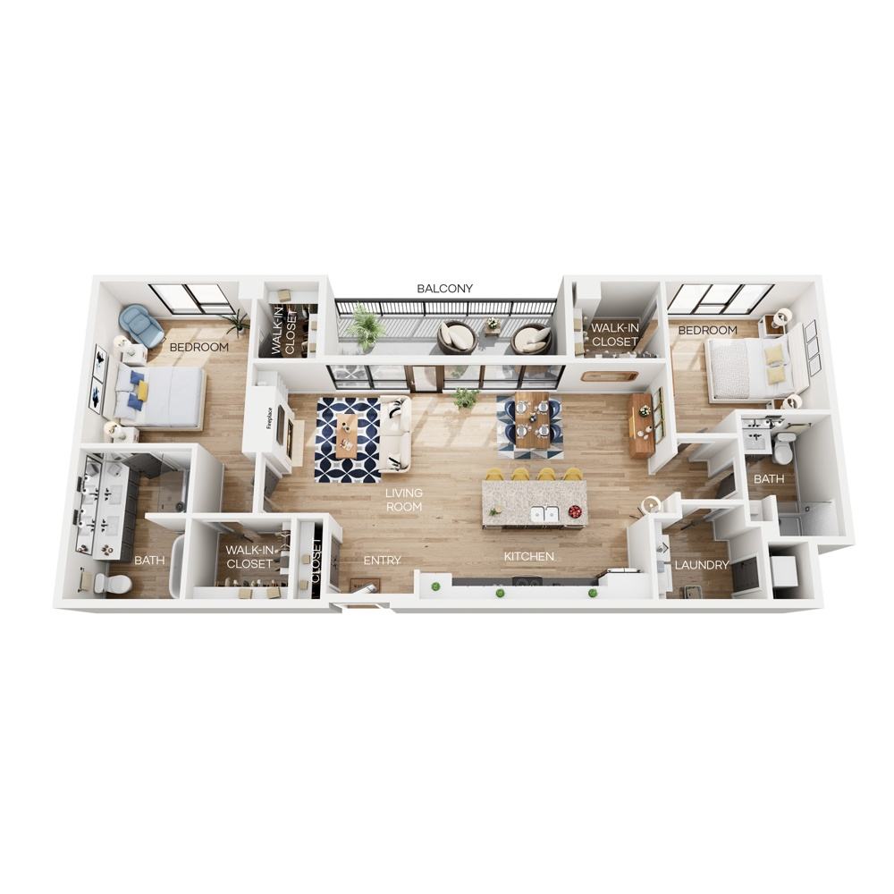 Rendering of the Garnet floor plan with 2 bedroom[s] and 2 bathroom[s] at The Larking