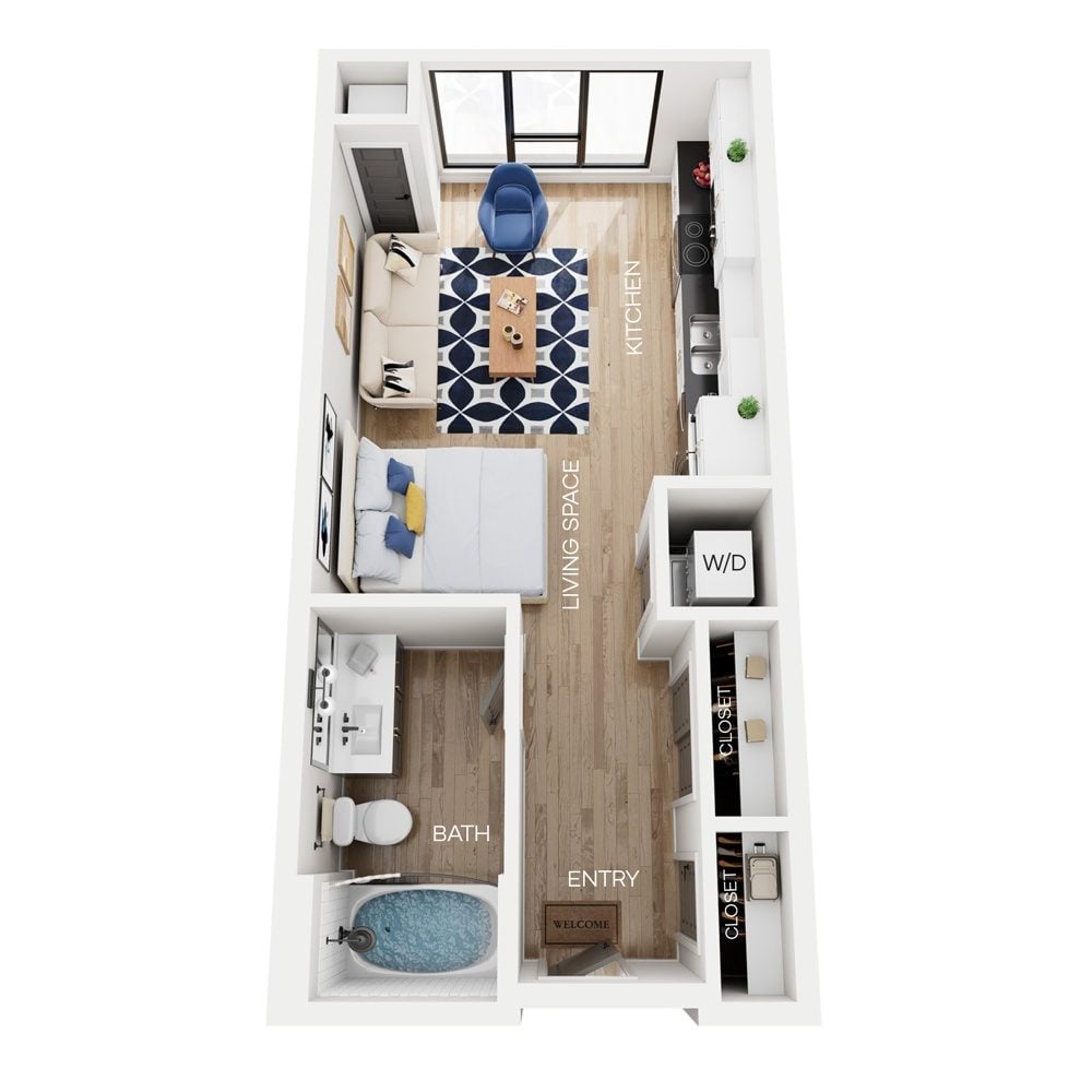 Rendering of the S3 floor plan with a Studio bedroom and 1 bathroom[s] at The Larking
