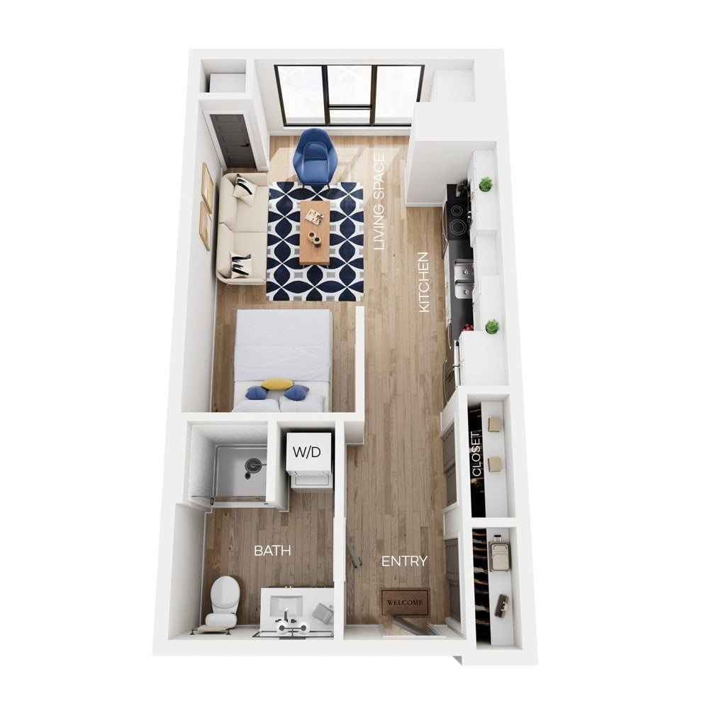 Rendering of the S5 floor plan with a Studio bedroom and 1 bathroom[s] at The Larking