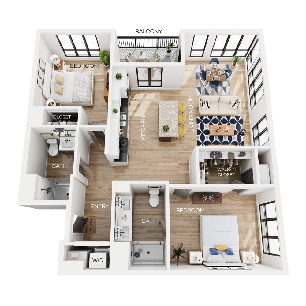 Rendering of the C4 floor plan with 2 bedroom[s] and 2 bathroom[s] at The Larking