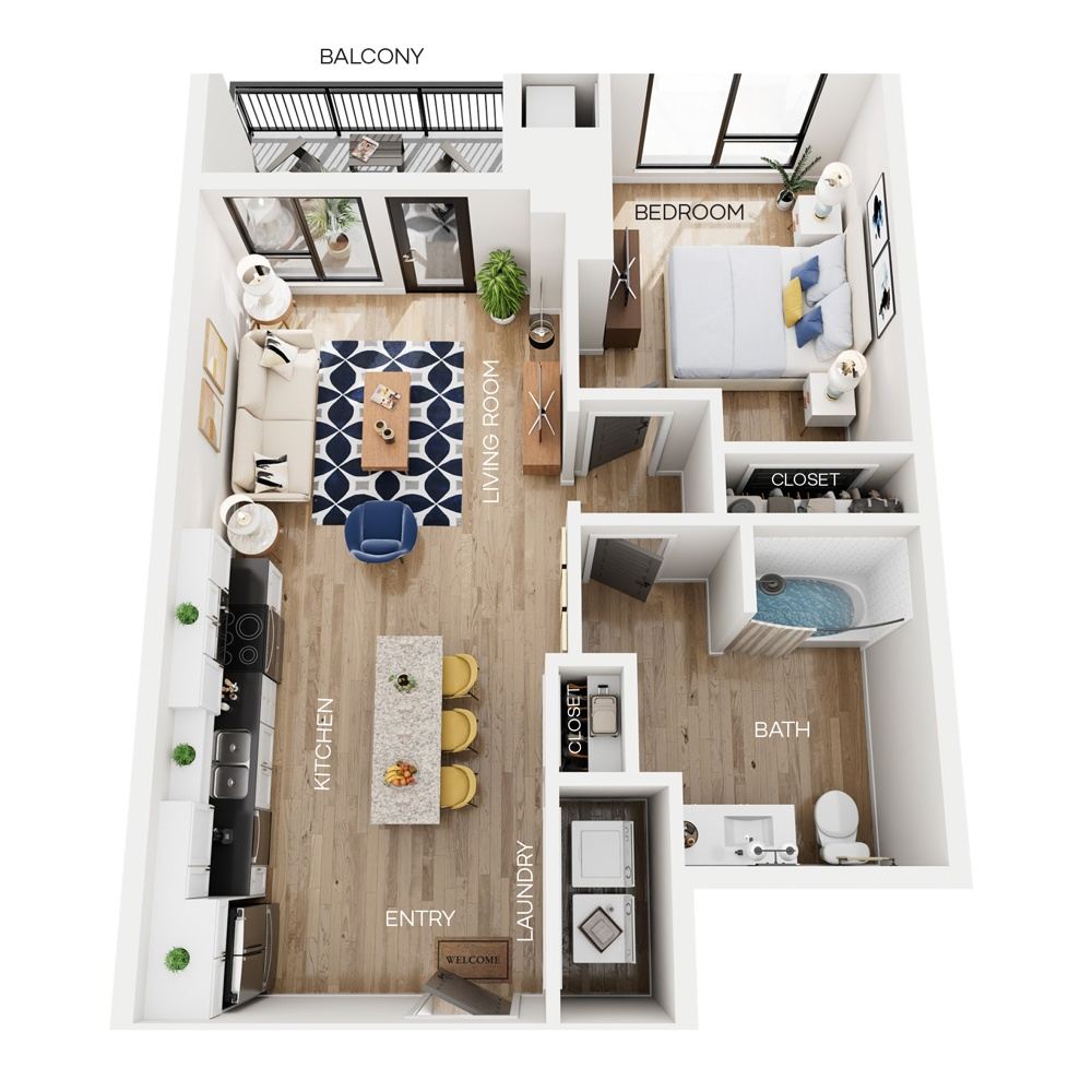 Rendering of the A7HP floor plan with 1 bedroom[s] and 1 bathroom[s] at The Larking