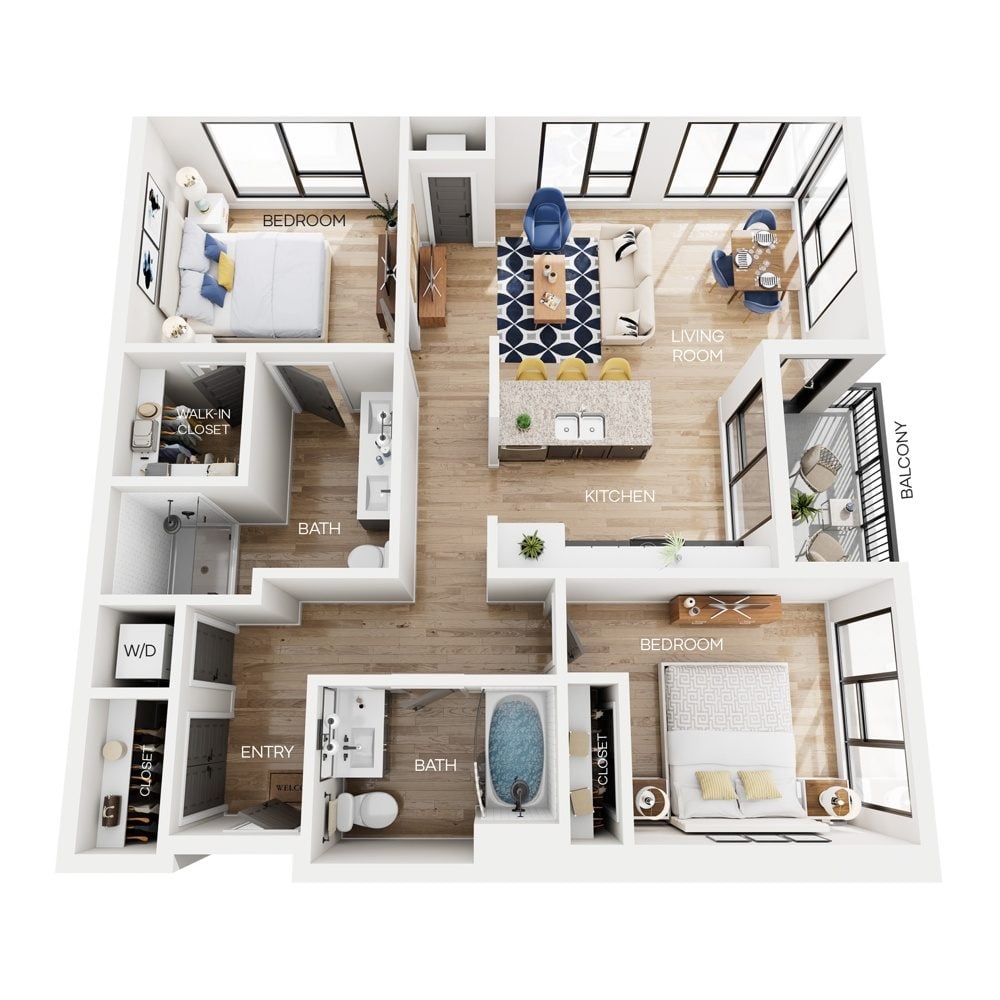 Rendering of the C1 floor plan with 2 bedroom[s] and 2 bathroom[s] at The Larking