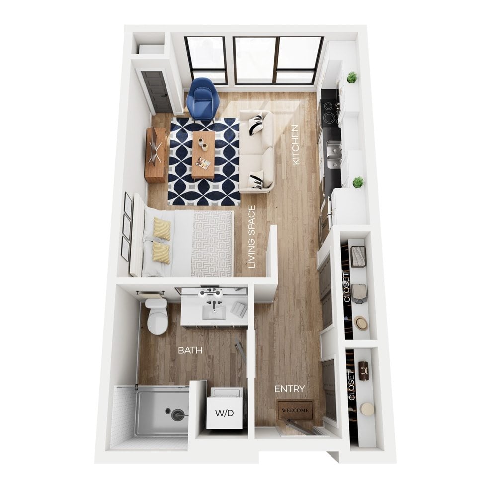 Rendering of the S4 floor plan with a Studio bedroom and 1 bathroom[s] at The Larking