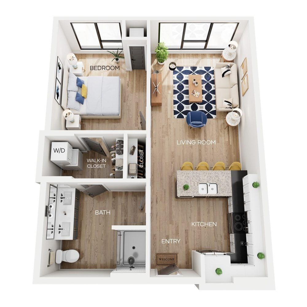 Rendering of the A6 floor plan with 1 bedroom[s] and 1 bathroom[s] at The Larking