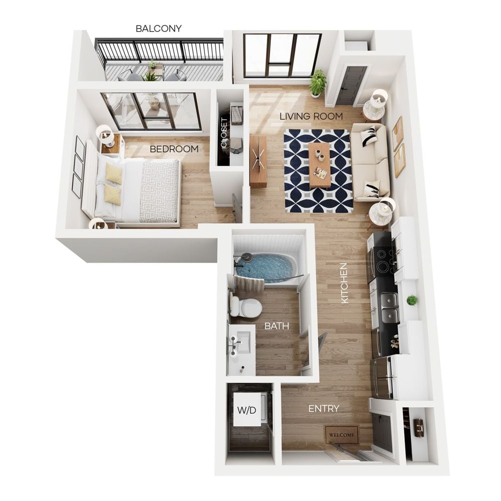 Rendering of the A2 floor plan with 1 bedroom[s] and 1 bathroom[s] at The Larking