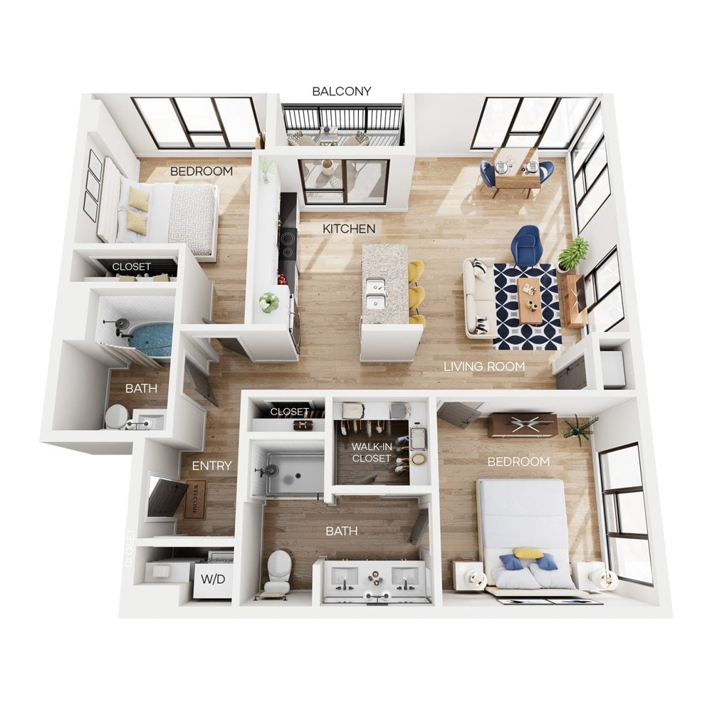 Rendering of the C2 floor plan with 2 bedroom[s] and 2 bathroom[s] at The Larking